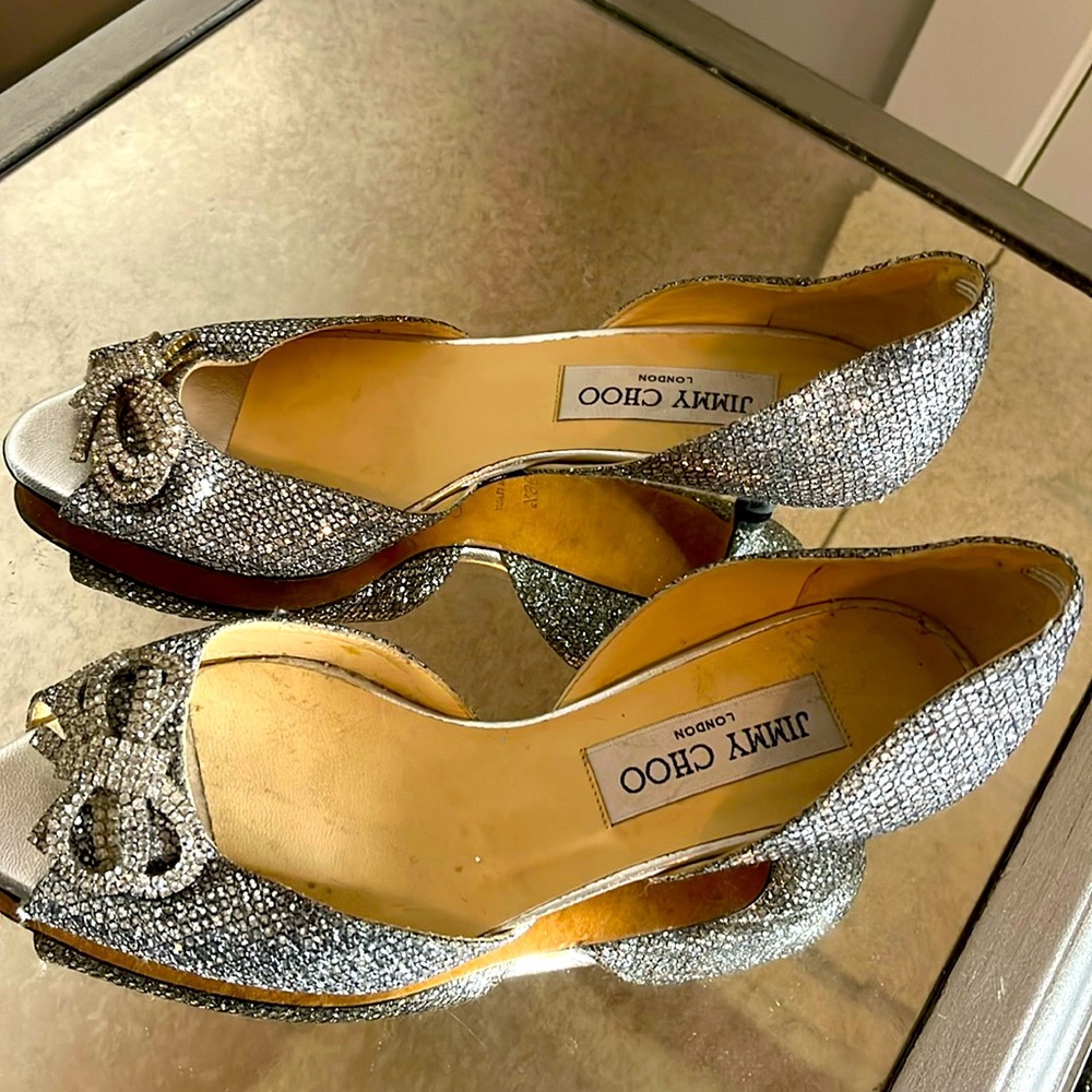 Jimmy Choo Fabulous Silver Glitter shiny kitten heels with Diamond bow detail